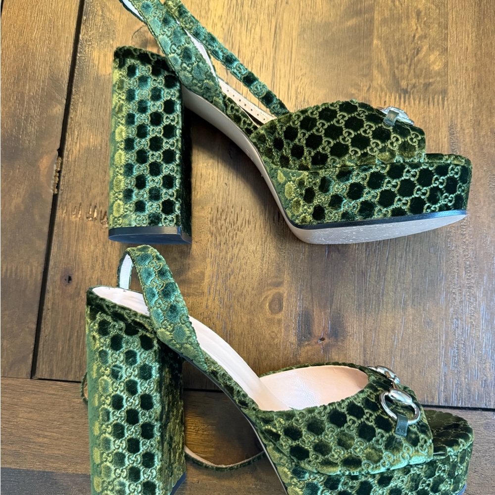 Gucci Olive Velvet Platform Heels - Picture 9 of 10
